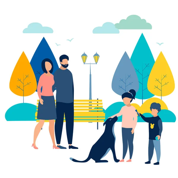 Familia de vacaciones en el parque con un perro. En estilo minimalista. Vector isométrico plano — Archivo Imágenes Vectoriales