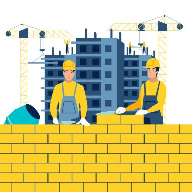 İnşaat, çalışma ortamı. İş yerinde inşaatçılar. Minimalist tarzı çizgi film düz vektör