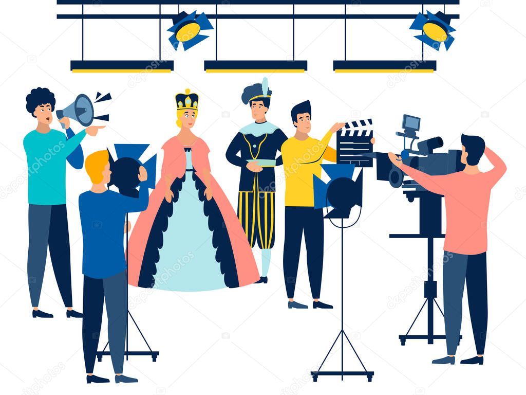 Filming. Actors and film industry employees. In minimalist style. Cartoon flat Vector