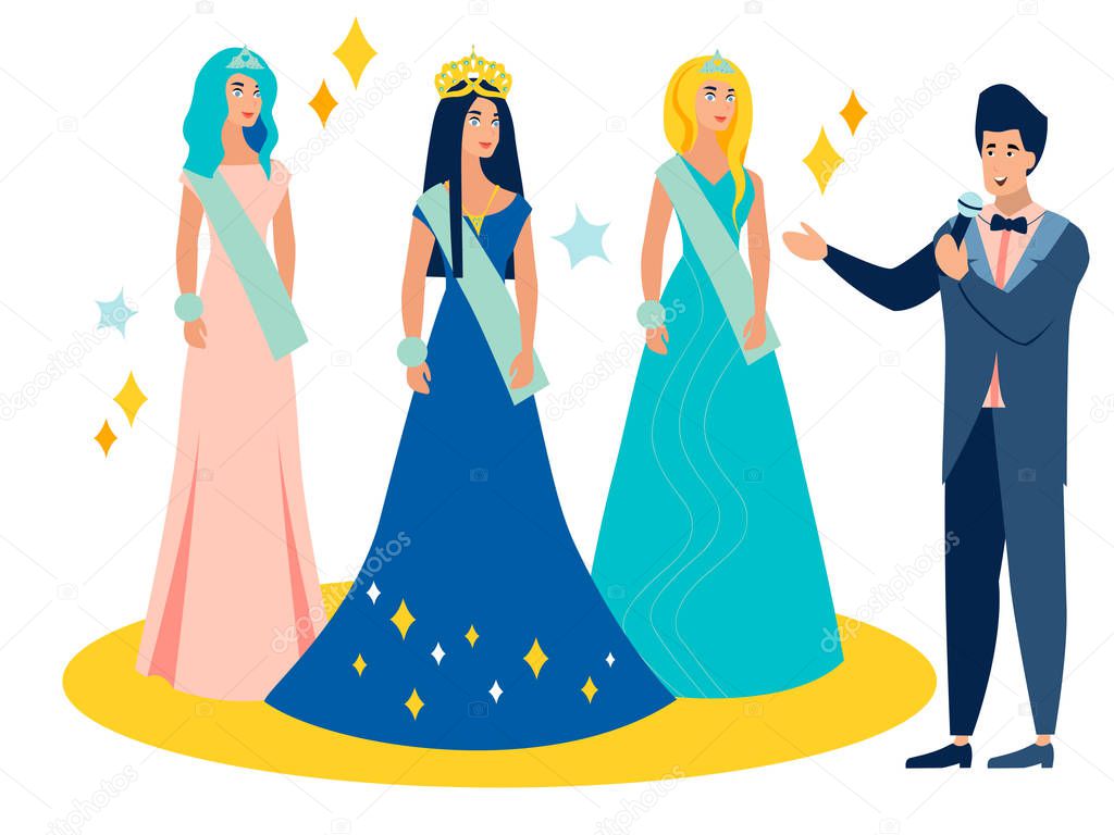 Beauty contest. Young female model at the crown award. In minimalist style Cartoon flat Vector