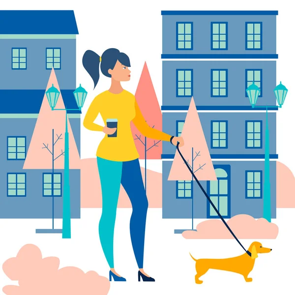 遛狗的女人, 达克顺德。早上带着咖啡散步。在极简主义风格卡通平向量 — 图库矢量图片