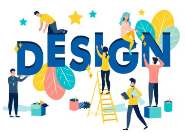 Tasarım stüdyosu, çalışanlar kelime, mektup düzeltmek. Minimalist tarzda karikatür düz vector