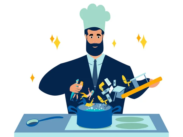 L'homme d'affaires cuisinier prépare les affaires. recette à partir d'ingrédients pour le revenu et les bénéfices. Dans un style minimaliste. Dessin animé plat vecteur — Image vectorielle