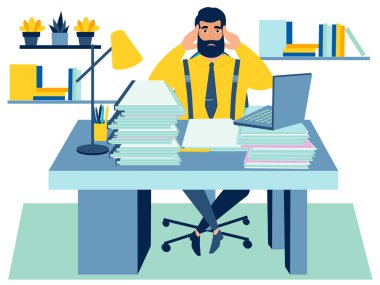 Çalışan işte yorgun. Belgelerde kafası karışmış. Minimalist tarzda. Karikatür düz Vektör