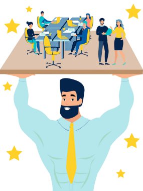 Ana işçi, yönetici, yönetici Herkül olarak ofis tutar. Minimalist tarzda. Karikatür düz Vektör