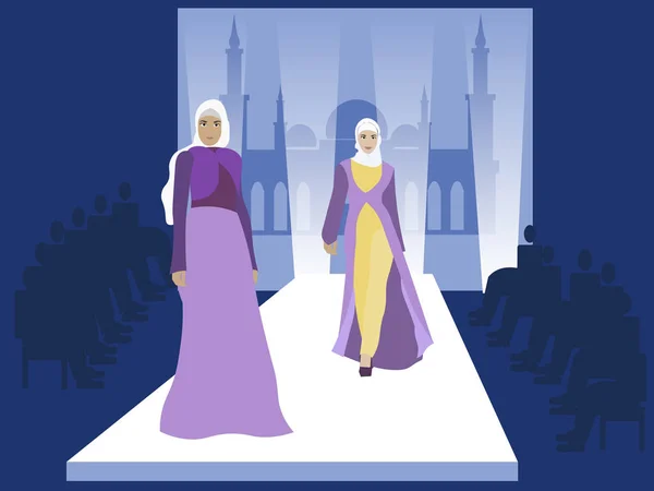 Desfile de moda. Mujeres musulmanas modelos. Industria Vogue. En estilo minimalista. Vector plano de dibujos animados — Vector de stock