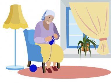 Büyükanne pencerenin yanında oturur ve giysi örer. Torun lar, yalnızlık. Minimalist tarzda. Karikatür düz Vektör