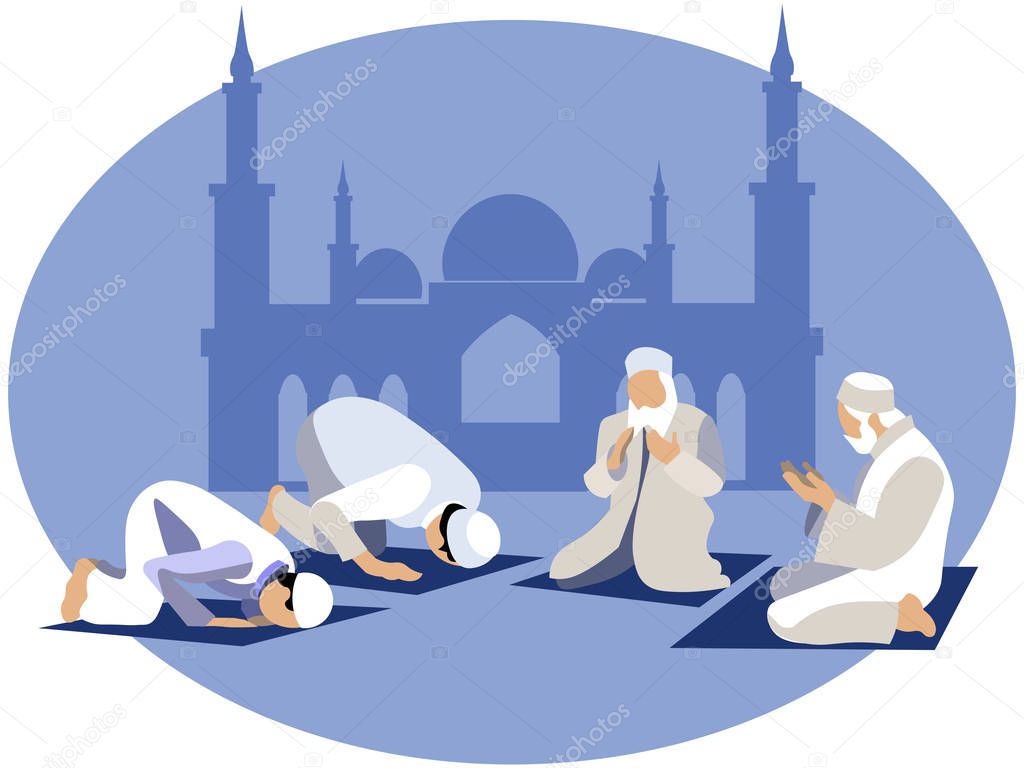 Man pray, prayer in islam. In minimalist style. Cartoon flat Vector