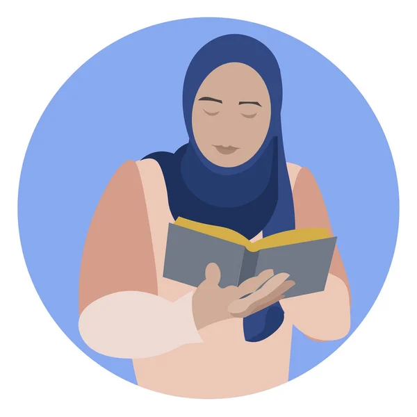 Femme musulmane lisant le saint livre islamique Coran. Droits des femmes à l'éducation. Dans un style minimaliste. Dessin animé plat vecteur — Image vectorielle