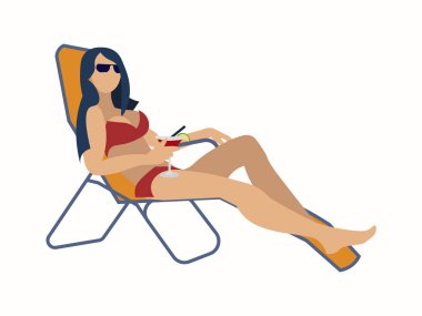 Kız bir şezlong, moda mayo yatıyor. Yalıtılmış nesne. Minimalist tarzı Karikatür düz Vektör
