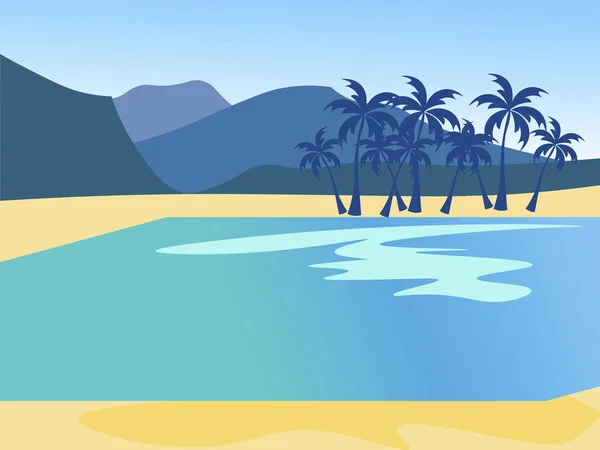 Fondo de vacaciones, naturaleza de la isla, playa. En estilo minimalista Vector plano de dibujos animados — Vector de stock