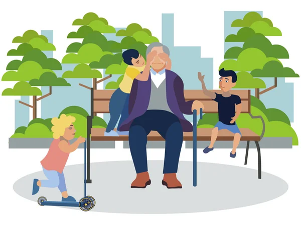 Nonno che gioca con i nipoti nel parco. In stile minimalista Vettore piatto del fumetto — Vettoriale Stock