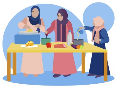 Müslüman kadınlar mutfakta yemek pişiriyor. Kızlara ulusal tarifler öğretmek. Minimalist tarzı Karikatür düz Vektör