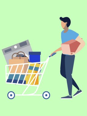 Adam alıcı elektrikli aletlerle arabayı yuvarediyor. Minimalist tarzı Karikatür düz Vektör