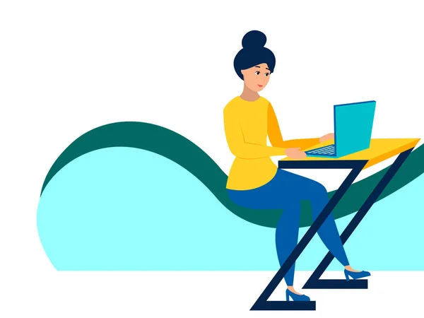 Flickan vid skrivbordet, arbetar en bärbar dator. I minimalistisk stil tecknad platt vektor — Stock vektor