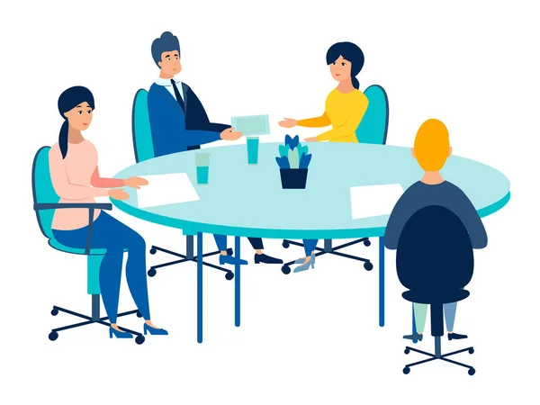 Meeting, office staff meeting. Work on one project, the conclusion of the contract. In minimalist style Cartoon flat Vector — Stock Vector