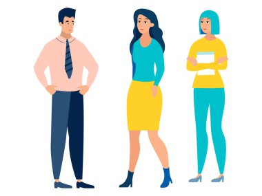 İnsanlar beyaz arka plan, erkek ve iki kadın izole. Minimalist tarzı Karikatür düz Vektör