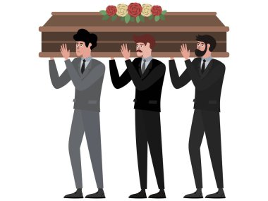 Cenaze töreninde, tabut erkekler de tabutu taşır. Minimalist tarzda Karikatür düz Vektör, beyaz arka plan üzerinde izole