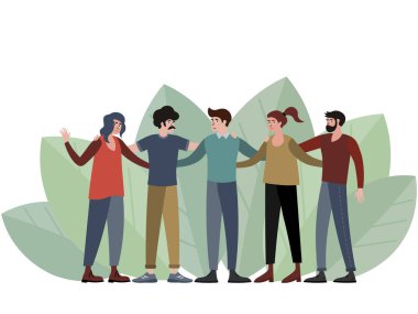 Beş kişi, bir grup arkadaş fotoğraf için poz lar. Minimalist tarzda Karikatür düz vektör