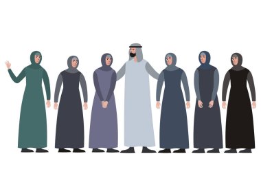 Müslüman bir aile, haremi olan bir adam. Minimalist tarzda Karikatür düz Vektör, beyaz arka plan üzerinde izole