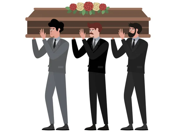 La ceremonia fúnebre, los hombres llevan el ataúd. En estilo minimalista Vector plano de dibujos animados, aislado sobre fondo blanco — Archivo Imágenes Vectoriales