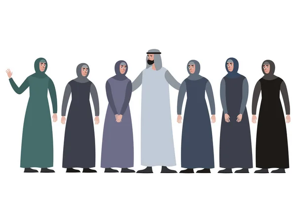 Мусульманська родина, людина з гаремом. В мінімалістичному стилі мультфільм плоский вектор, ізольований на білому фоні — стоковий вектор