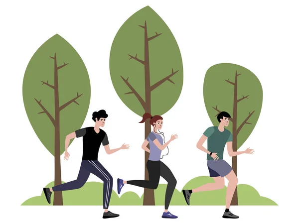 A companhia de atletas a correr no parque. Em estilo minimalista Desenhos animados plana Vector —  Vetores de Stock