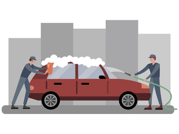 Auto wassen, twee werknemers wassen de auto in het rood. In minimalistische stijl cartoon platte vector — Stockvector