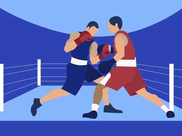 Boxeo de competición, dos boxeadores masculinos. En estilo minimalista Vector plano de dibujos animados — Archivo Imágenes Vectoriales