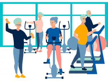 İnsanlar, spor salonunda emekli. simülatörleri üzerinde eğitim. Minimalist tarzı Karikatür düz Vektör