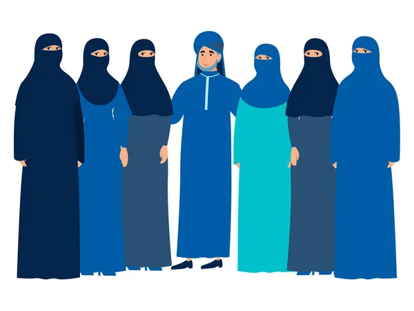 Muslimsk familj, man med ett harem. I minimalistisk stil tecknad platt vektor, isolerad på vit bakgrund — Stock vektor