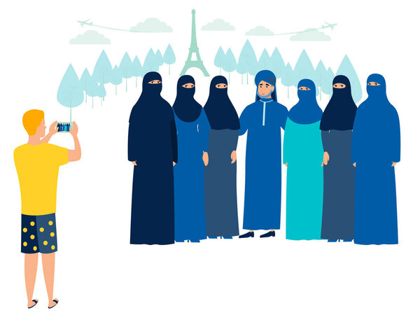 A Muslim family is photographed against the background of the Eiffel Tower. Travels. In minimalist style Cartoon flat Vector