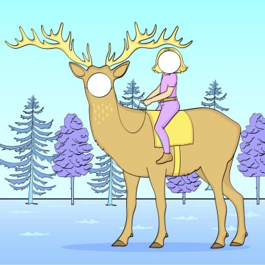 Tantamaresk yüz için bir delik ile fotoğraf için standı. Noel teması. Kız, geyik binen çocuk, doğa, orman, sonbahar kışı. Raster