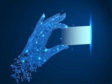 Tel kafes yapısı. Bir el çıkarır veya bir çip, kartı veya iş kartı kadar alır. Yıldız koyu mavi zemin üzerine soyut poligonal illüstrasyon