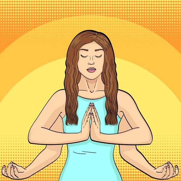 Lakshmi una mujer con cuatro manos en el hinduismo. Pose en yoga. imitación de estilo cómics, fondo de arte a tope. Ilustración de trama —  Fotos de Stock