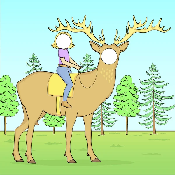 Tantamaresk yüz için bir delik ile fotoğraf için standı. Noel teması. Kız, geyik binen çocuk, doğa, orman, ilkbahar, yaz. Raster