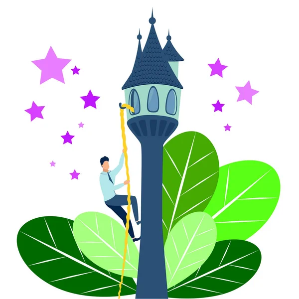 L'uomo piatto va al suo obiettivo. La storia Rapunzel, fiaba in stile minimalista. Cartoon Raster — Foto Stock