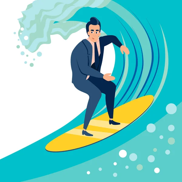 Empresario, un hombre coge una ola en una tabla de surf. En estilo minimalista. Vector plano de dibujos animados — Vector de stock