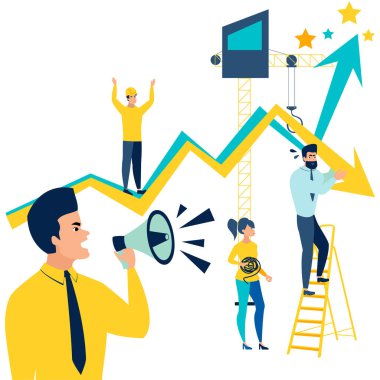 Şef, personeline bağırıyor, sayıları arttırıyor. Kötü patron. Minimalist tarzda. Karikatür düz Vektör