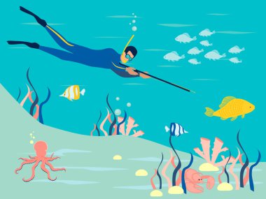 Zıpkınbalığı, sualtı avı. Minimalist tarzda. Karikatür düz Vektör