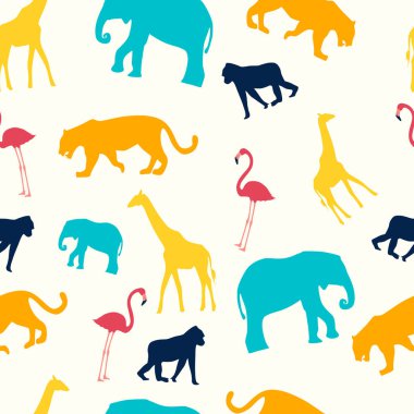 Çocuklar sorunsuz desen. Hayvanlar zürafa, flamingo, maymun, fil ve aslan. Minimalist tarzda. Karikatür düz