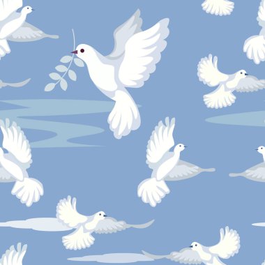 Kusursuz nazik arka plan. Güvercin, barış işareti, bir zeytin parçası taşır. Minimalist tarzda. Karikatür düz vektör