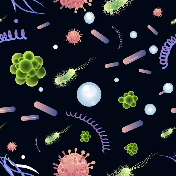 Naadloze textuur. Bacteriën set, een soort virus op een zwarte achtergrond. Wetenschap van ziekten, cartoon vector — Stockvector