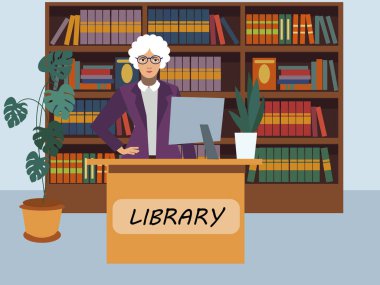 Kütüphaneci kütüphane ziyaretçi hizmetleri uzmanı. Minimalist tarzda. Karikatür düz vektör