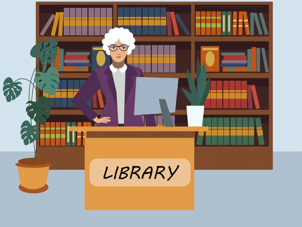 Bibliotecario specialista dei servizi di visita biblioteca. In stile minimalista. Vettore piatto del fumetto — Vettoriale Stock