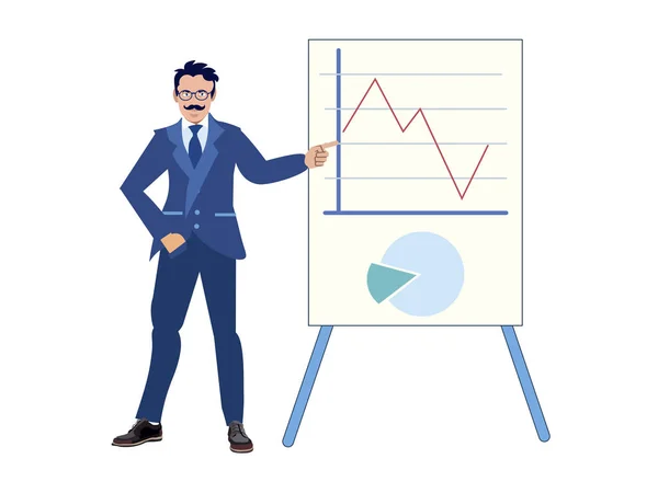 El empresario hizo un informe sobre el trabajo realizado, mejorando el rendimiento. Gráfico gráfico. En estilo minimalista. Dibujos animados vector plano — Vector de stock