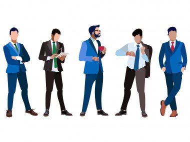 Bir dizi işadamı beş kişi. Beyaz arka planda izole edilmiş. Minimalist tarzda. Karikatür düz Raster