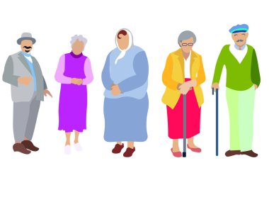 Bir dizi insan, emekliler, büyükanne ve büyükbabalar. Beyaz arka planda izole edilmiş. Minimalist tarzda. Karikatür düz raster