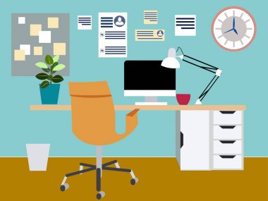 Ofis, iş yeri. Programcı veya illüstratör odası. Minimalist tarzda. Yassı isometrik raster