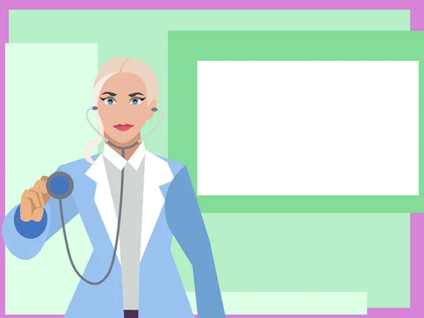 La doctora cardióloga con una tableta en la mano señala un póster, cuadrado blanco. Dibujos animados vector plano — Archivo Imágenes Vectoriales